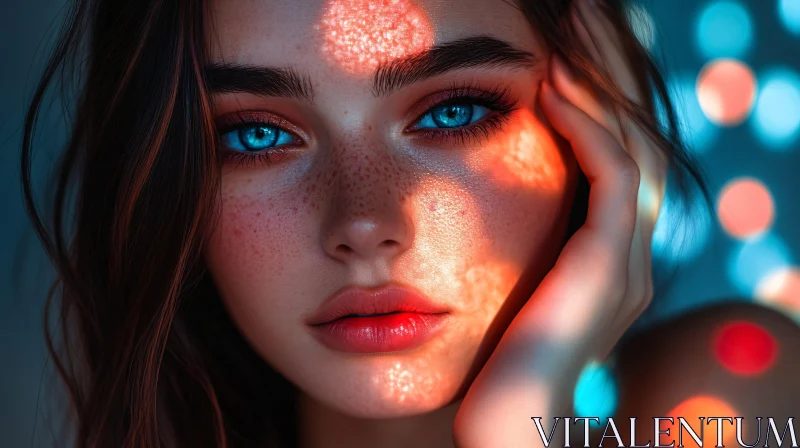 Woman With Freckles in Artistic Lighting AI Image