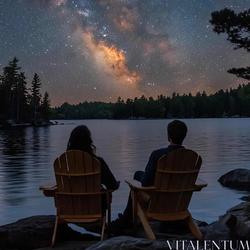 Starry Night Lake View with Silhouetted Trees and Seated Figures AI Image