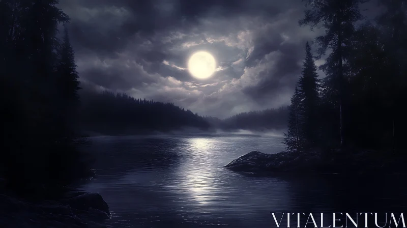 Moonlit Night Scene over Calm River in Dense Forest AI Image