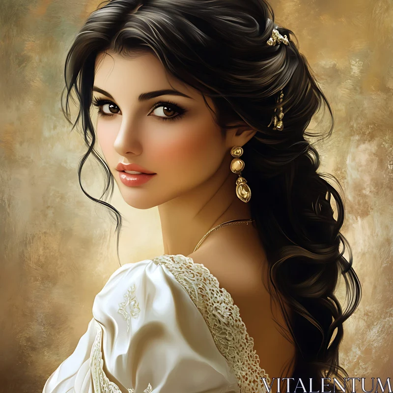 Classical Portrait of a Woman with Dark Hair and Gold Jewelry AI Image