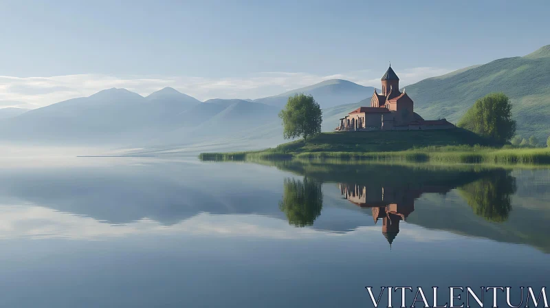 Peaceful Church on Reflective Lake AI Image