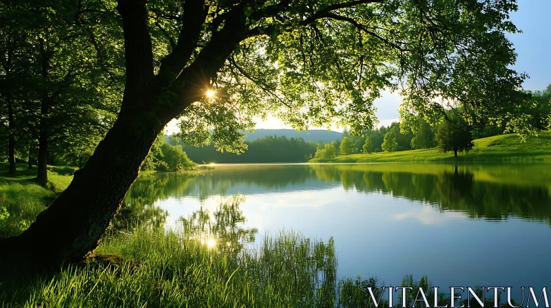 AI ART Serene Lake with Reflected Trees at Sunset