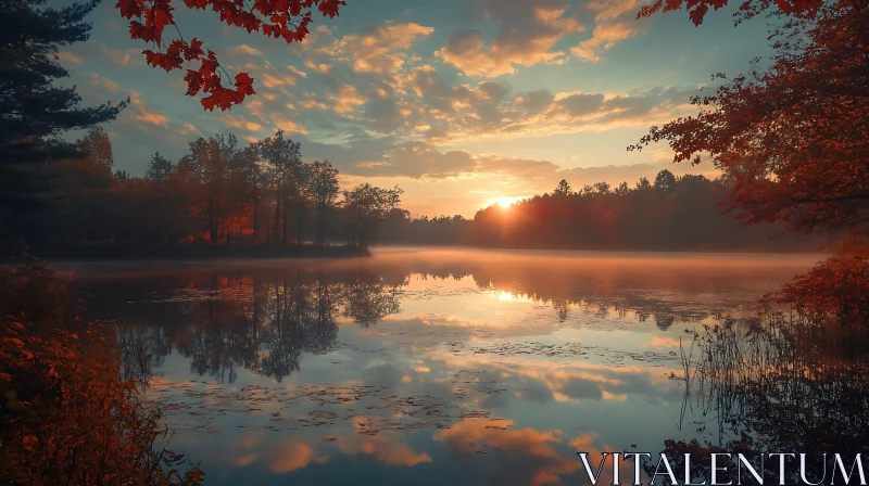 Serene Lakeside Sunset with Reflecting Autumn Trees AI Image