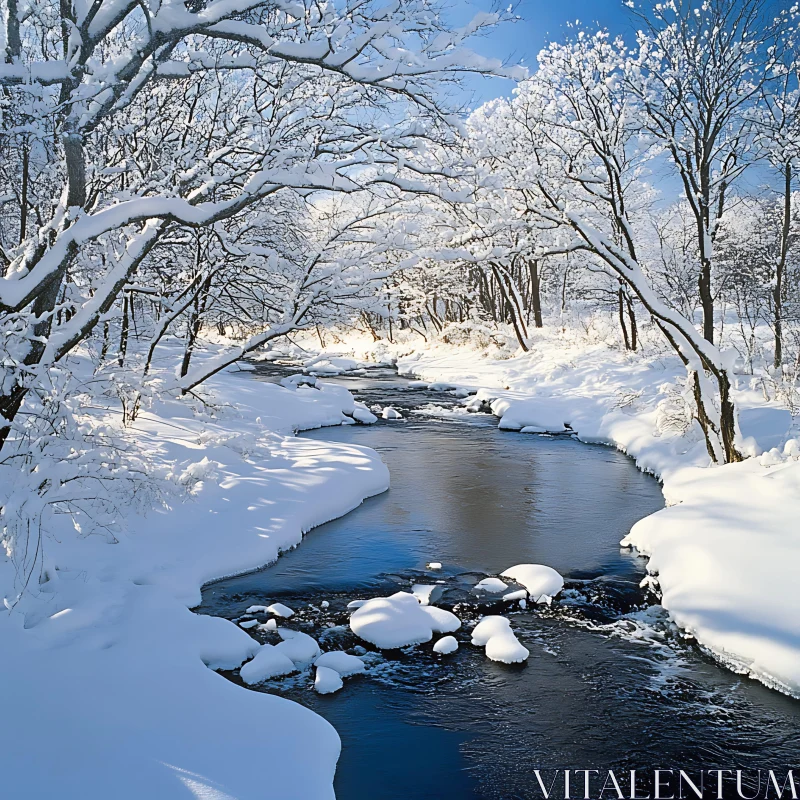 Peaceful Snow-Covered Woodland with Glistening Stream AI Image