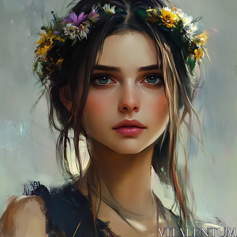 Young Woman with Flower Crown Portrait AI Image