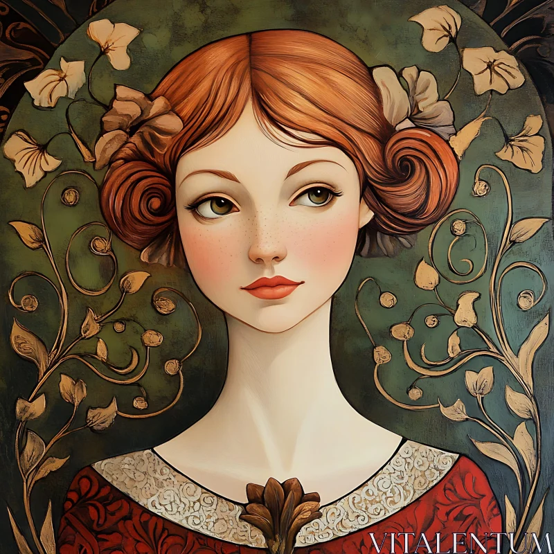 AI ART Red-Haired Woman with Floral Backdrop Art Nouveau Style