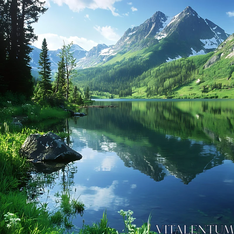 Peaceful Alpine Scene with Lush Greenery AI Image