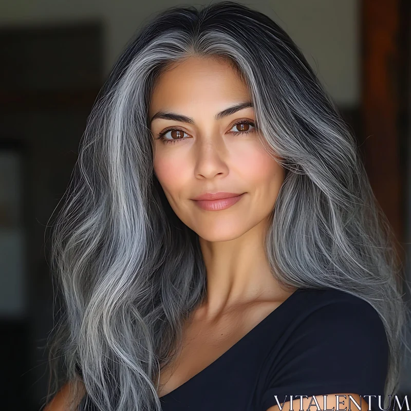 Graceful Woman with Flowing Gray Hair AI Image