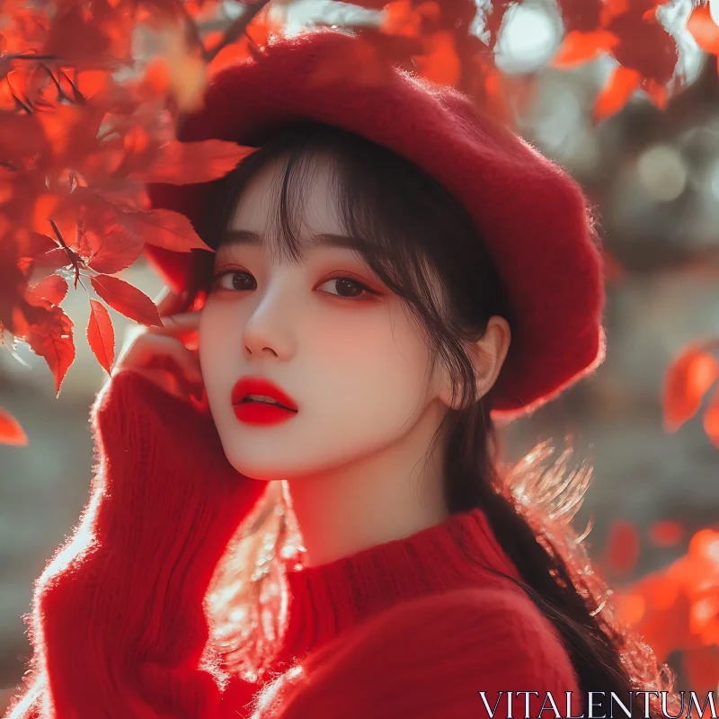 Autumn Red: Woman in Nature AI Image