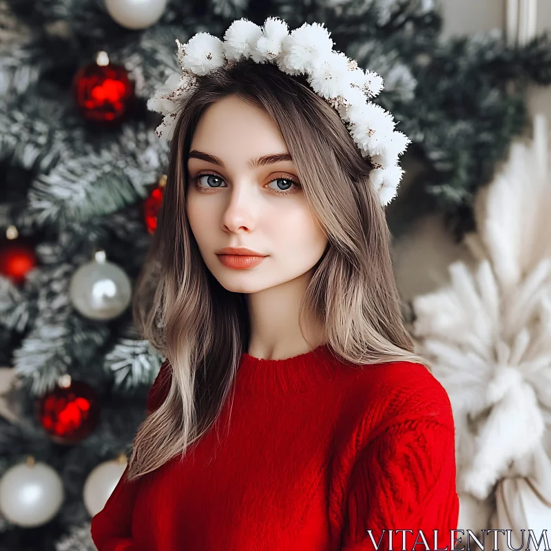 Serene Holiday Portrait of a Young Woman AI Image