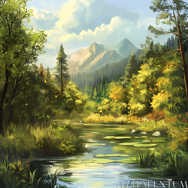 Peaceful Forest River with Mountain Backdrop AI Image