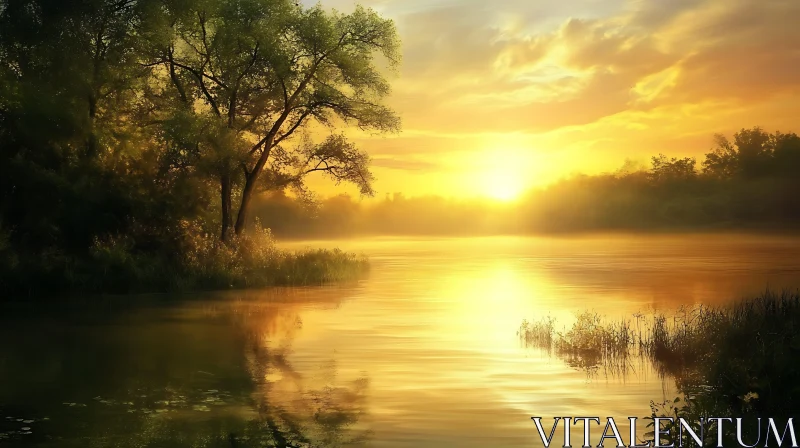 AI ART Tranquil Lake Sunset with Trees and Golden Skies