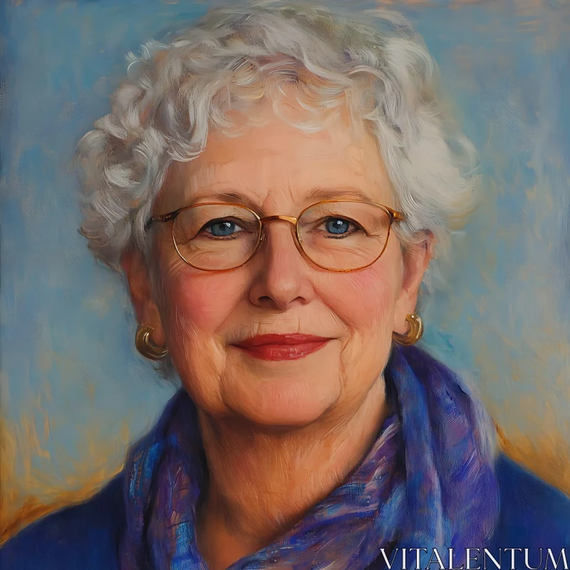 Artistic Elderly Woman Portrait in Blue Scarf AI Image