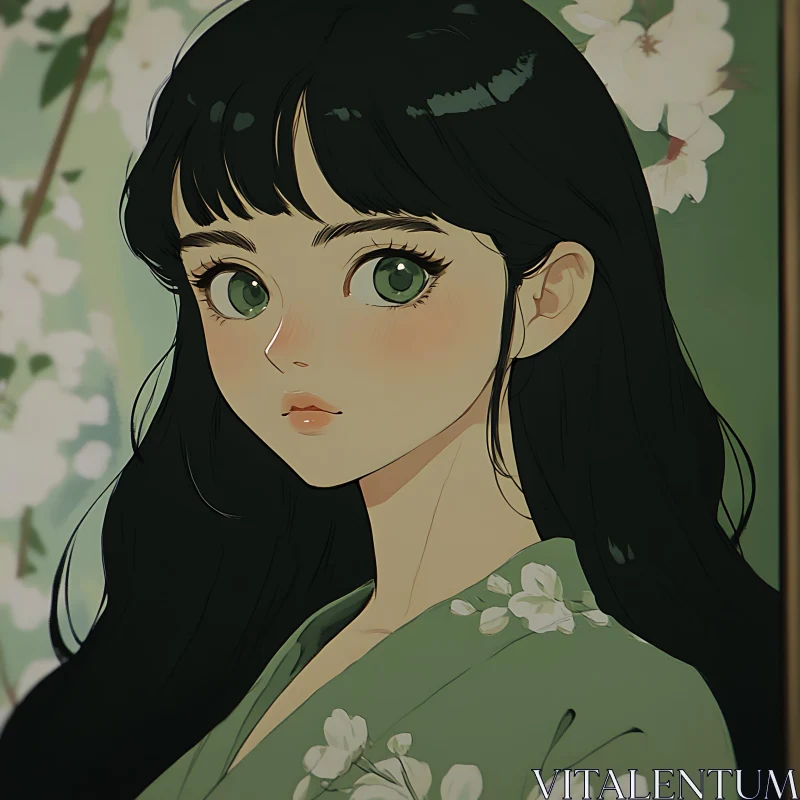 Anime Portrait of Girl with Black Hair and Green Kimono AI Image