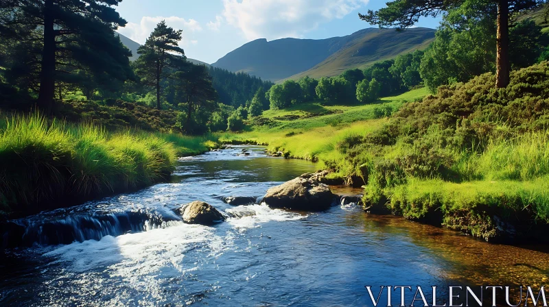 Tranquil River Landscape with Mountains and Trees AI Image