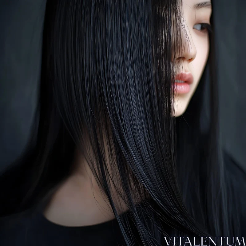 Intimate Portrait of a Woman with Black Hair AI Image