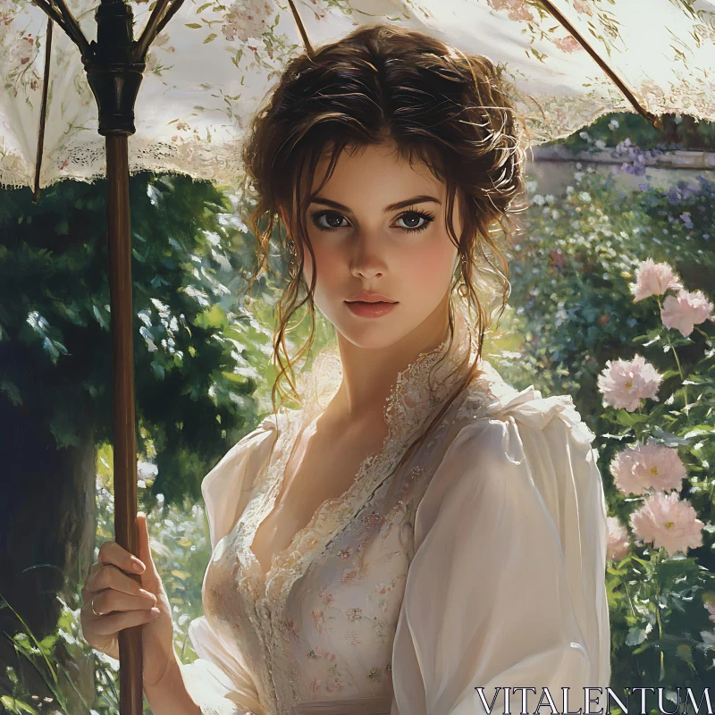 AI ART Graceful Lady with Umbrella in Blooming Garden