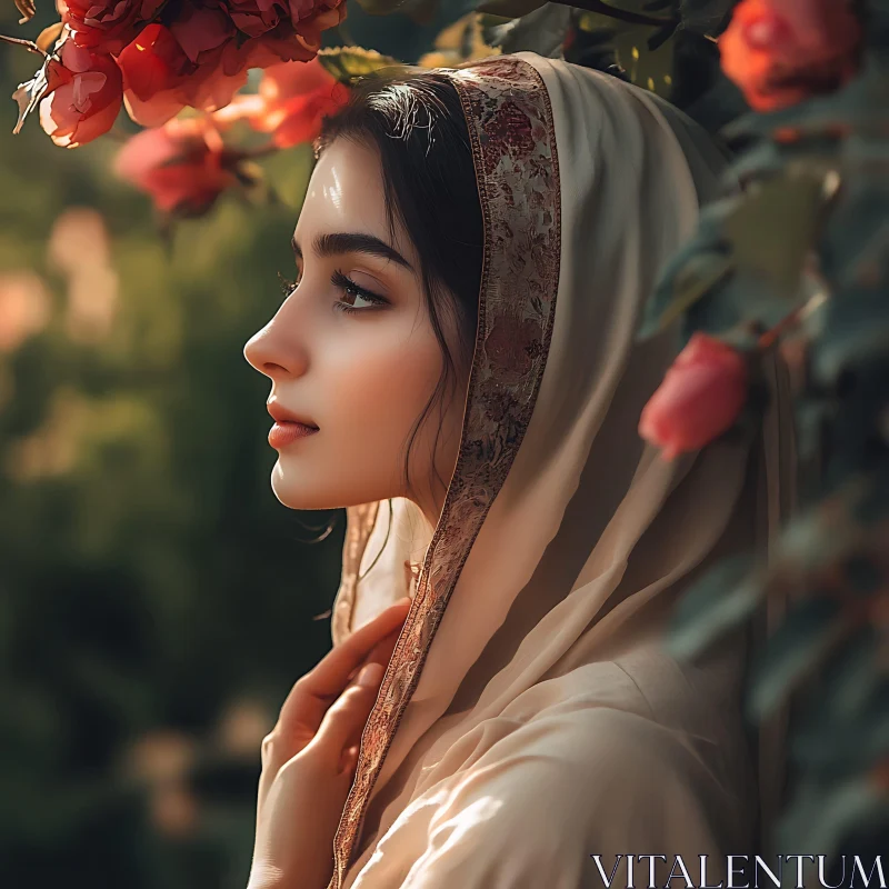 Calm Woman in Floral Scarf with Blooming Background AI Image