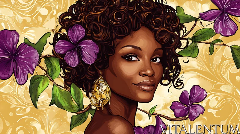 Serene Woman with Curly Hair and Purple Flowers AI Image