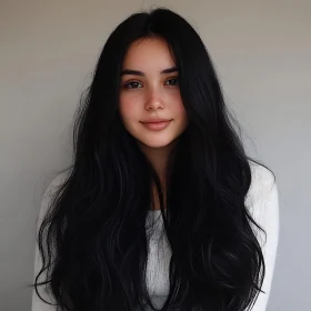 Serene Young Woman with Long Hair in White Shirt