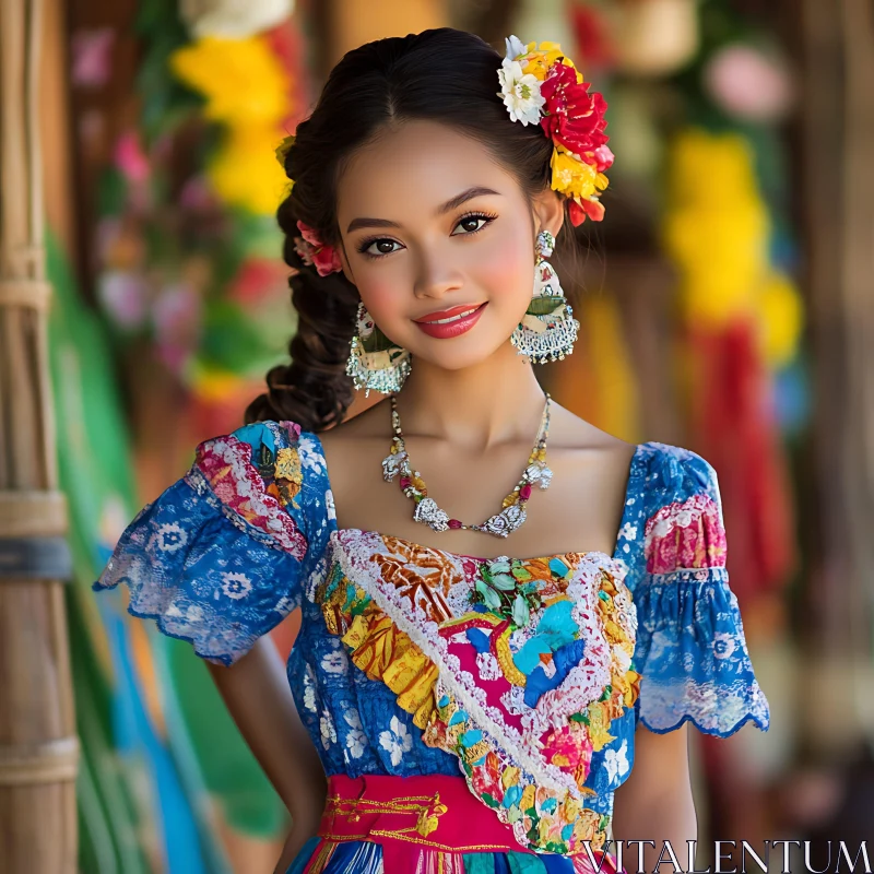 Traditional Fashion Portrait with Floral Decorations AI Image