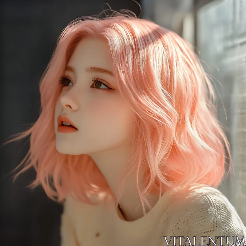 Contemplative Woman with Pastel Pink Hair - Artistic Portrait AI Image