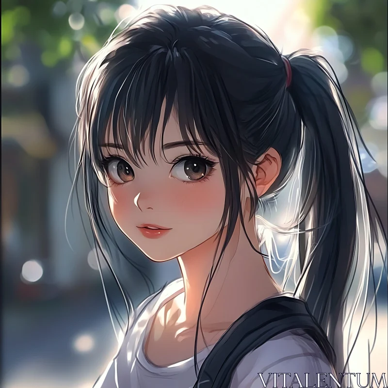 Anime Girl with Ponytail in Serene Morning Light AI Image