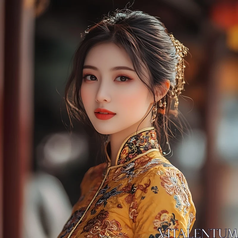 Serene Portrait of Woman in Traditional Garment AI Image