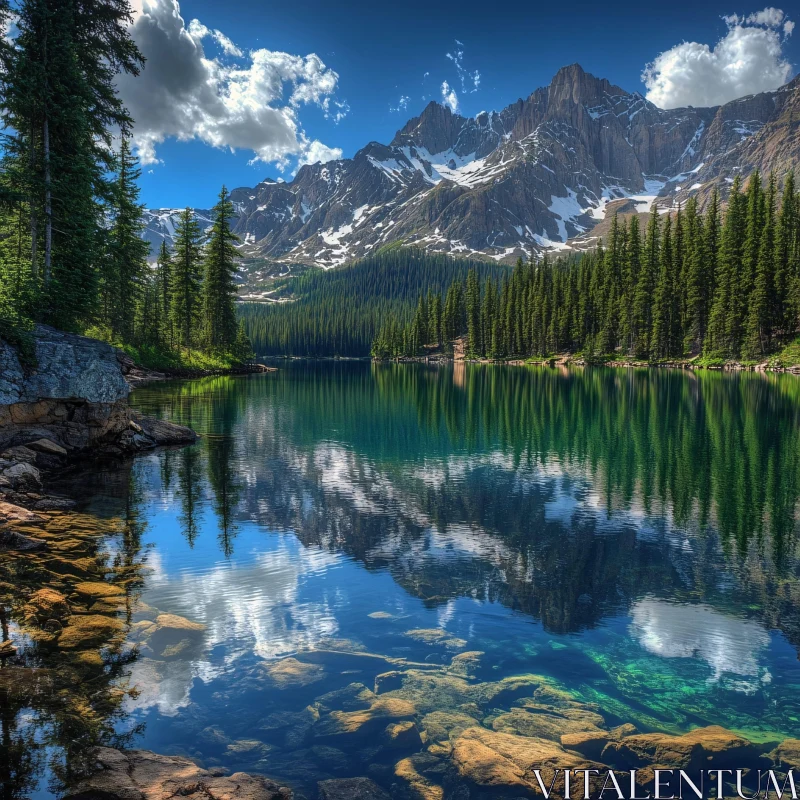 AI ART Pristine Alpine Lake Surrounded by Pine Forest and Mountains