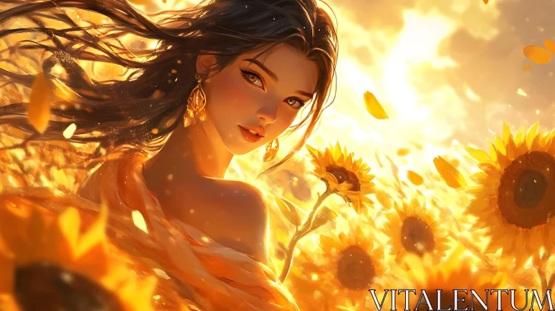 Woman in Sunflower Field at Sunset AI Image