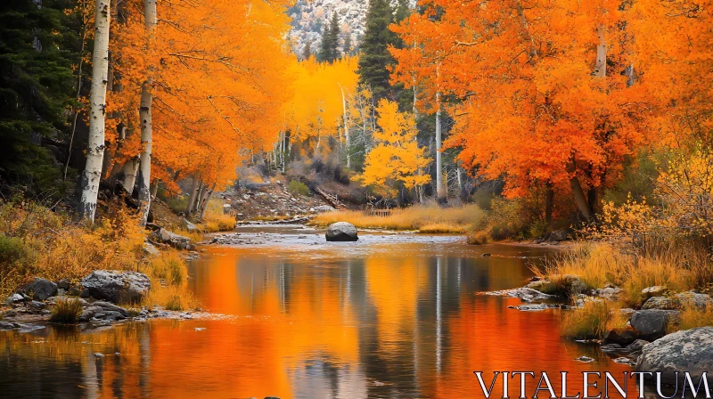 Tranquil River Amidst Vibrant Autumn Foliage AI Image