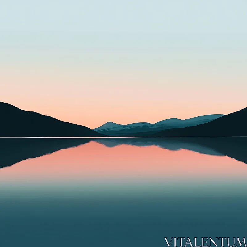 Calm Waters at Sunset with Mountain Silhouettes AI Image