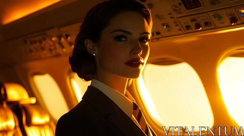 Flight Attendant in Golden Airplane Light AI Image