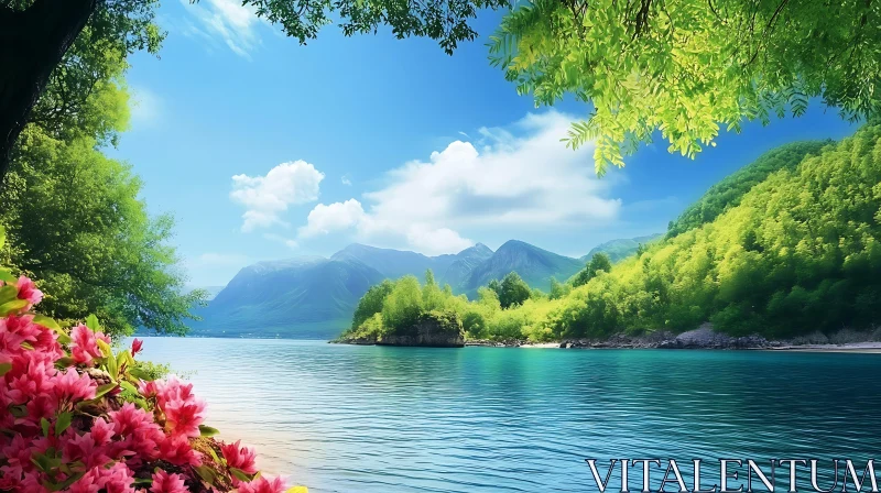 Tranquil Lake Landscape with Pink Blossoms AI Image