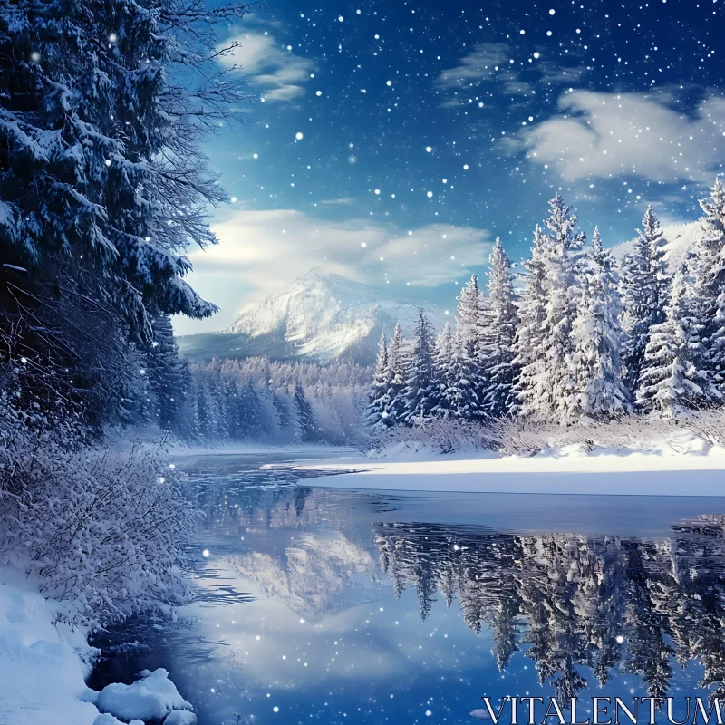 Tranquil Snowy River Scene with Mountains AI Image