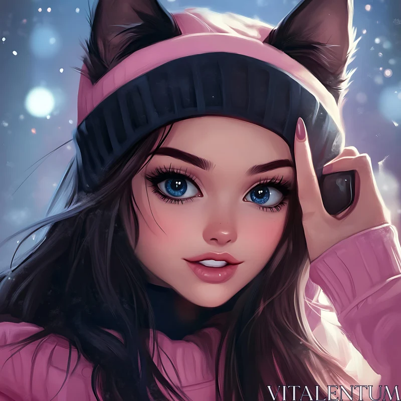 AI ART Anime Portrait of Girl with Cat Ear Hat