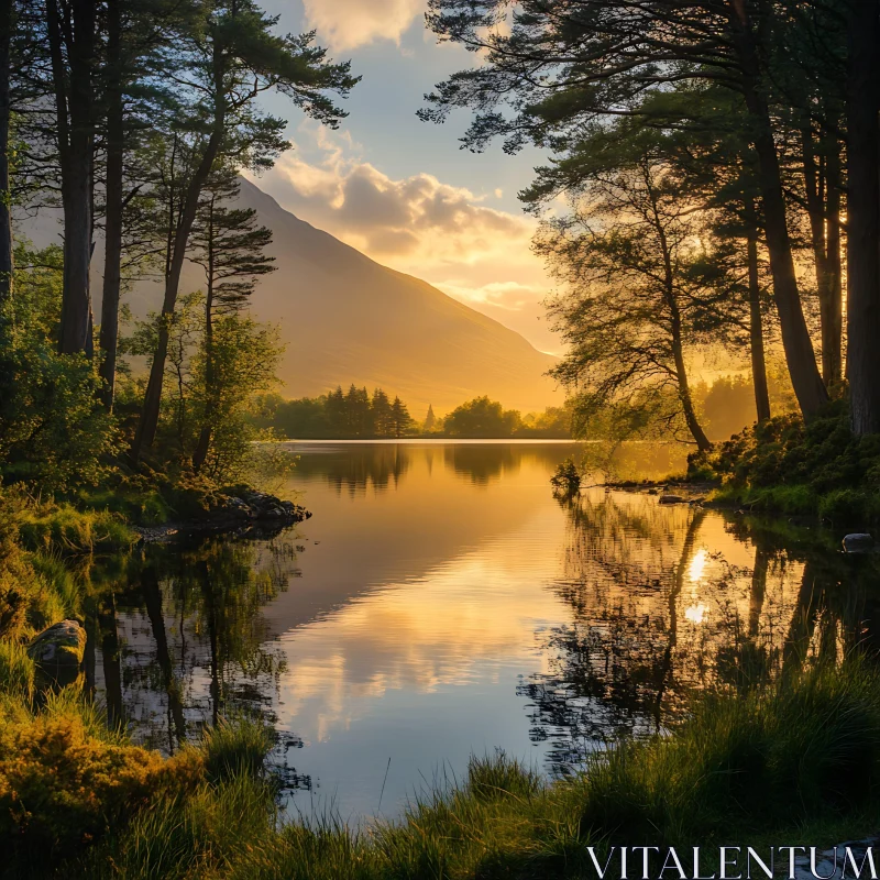 Golden Hour at the Lake amidst Lush Greenery and Tall Trees AI Image