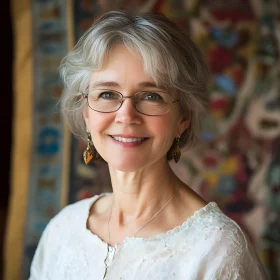 Friendly Mature Woman with Short Grey Hair and Glasses