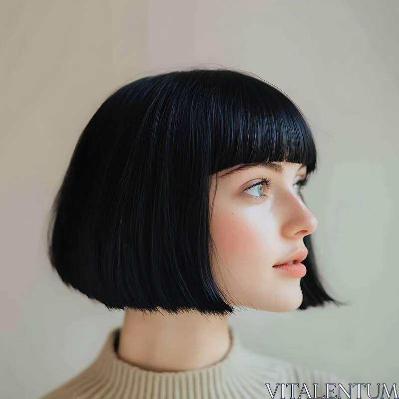 Black Bob Haircut Woman Side Profile Portrait AI Image