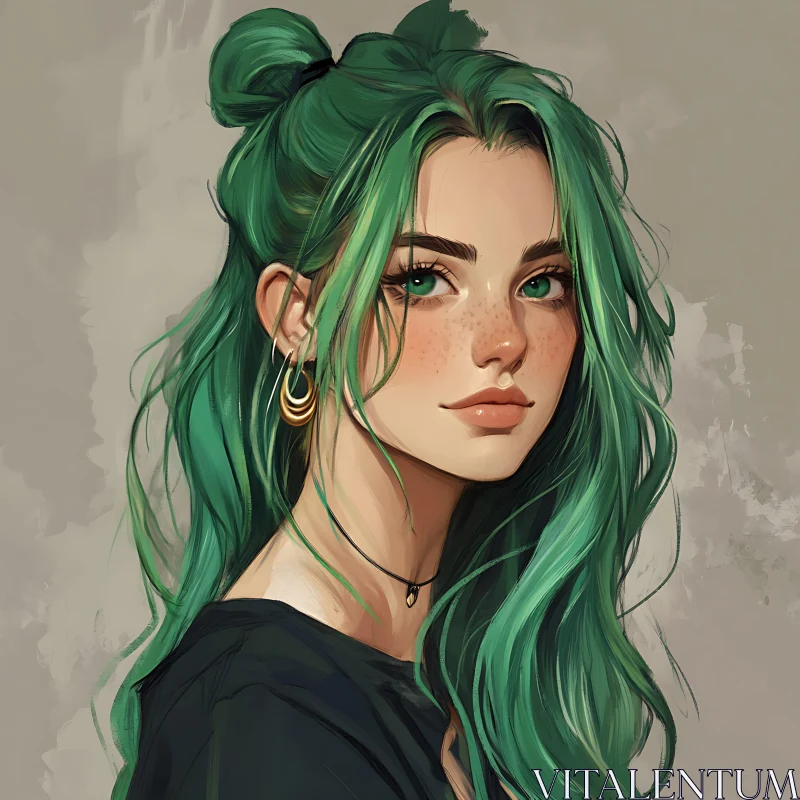 Illustration of a Freckled Woman with Green Hair AI Image