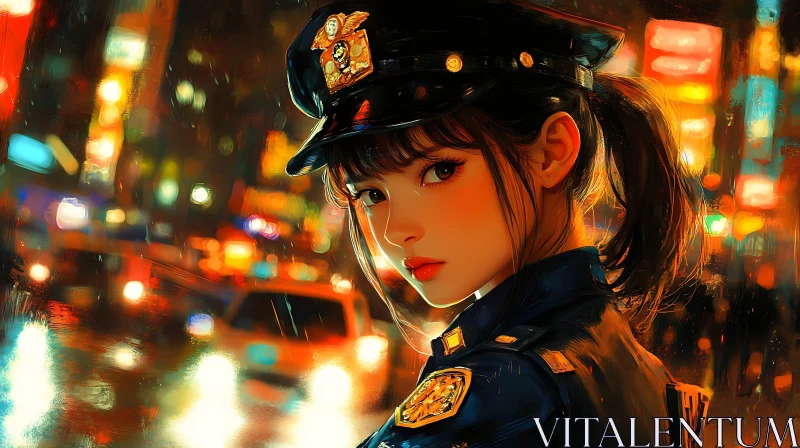 Vibrant City Lights Anime Police Portrait AI Image