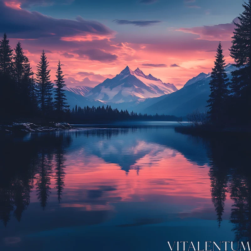 Mountain Reflected in Lake at Sunset AI Image