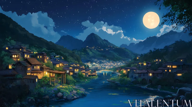 Serene Night in a Mountain Village AI Image