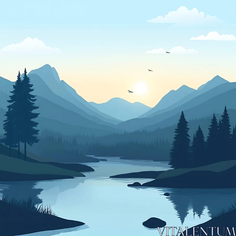 Peaceful Dawn Over Mountain Lake with Pine Trees AI Image