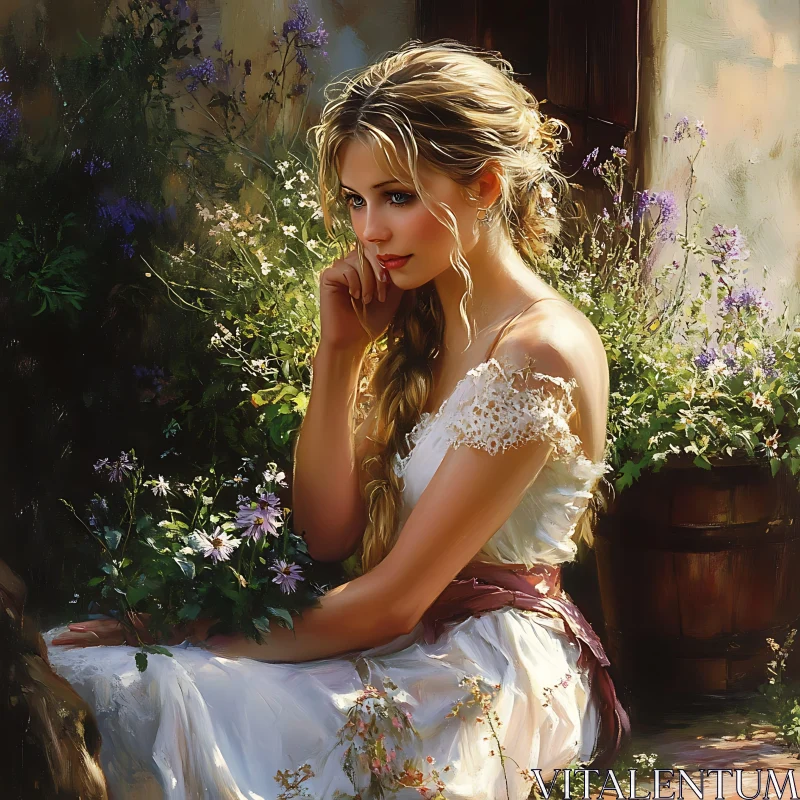 AI ART Contemplative Lady Amidst Blooming Flowers