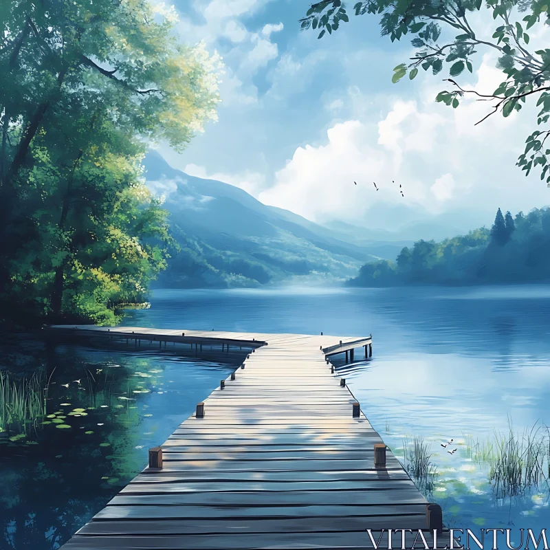 Tranquil Lake Scene with Wooden Pier AI Image