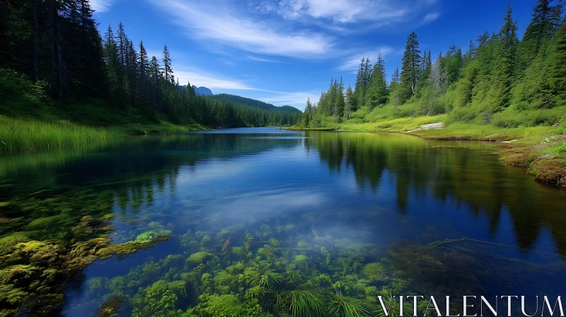 AI ART Tranquil Forest Lake with Reflective Waters