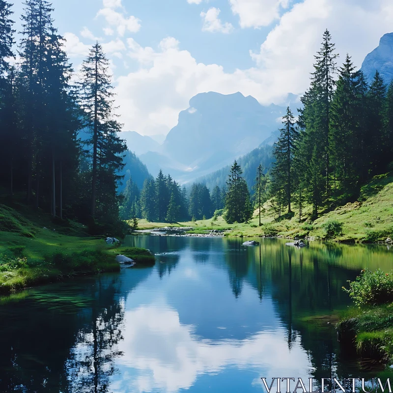 Peaceful Lake with Scenic Mountain View AI Image