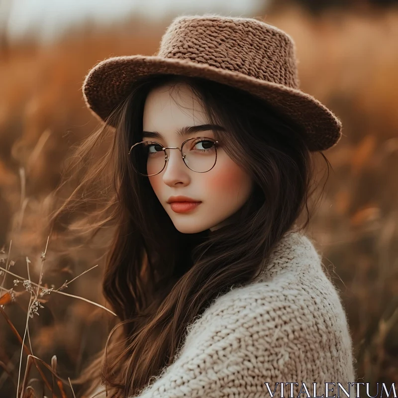 Rustic Autumn Portrait of a Woman in Glasses AI Image