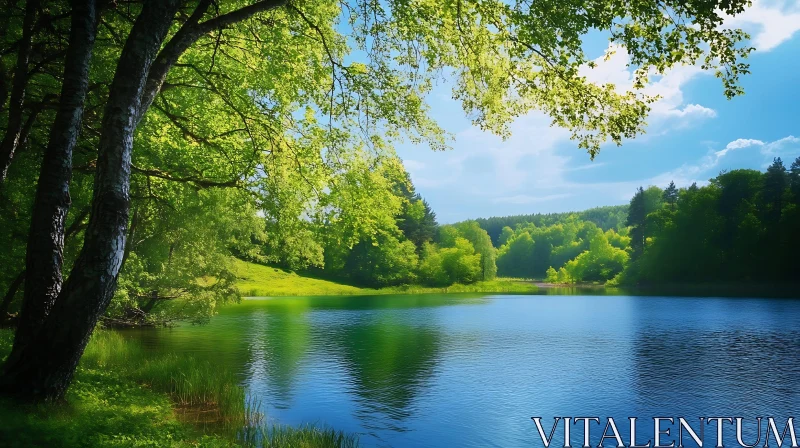 Peaceful Lake Amidst Verdant Forest and Blue Sky AI Image